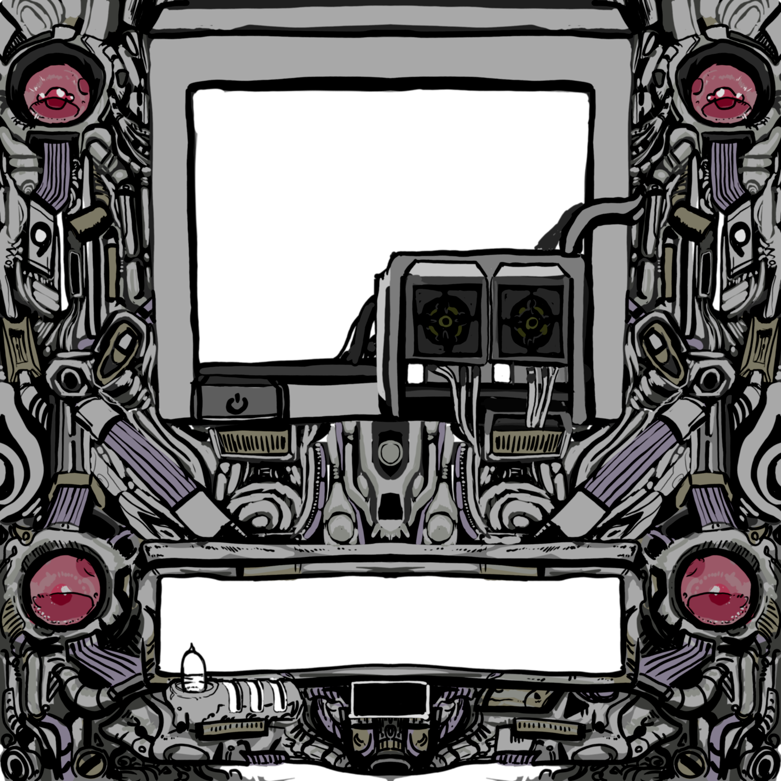 Hand-drawn biomechanical computer console with two black terminal screens and two key sockets.