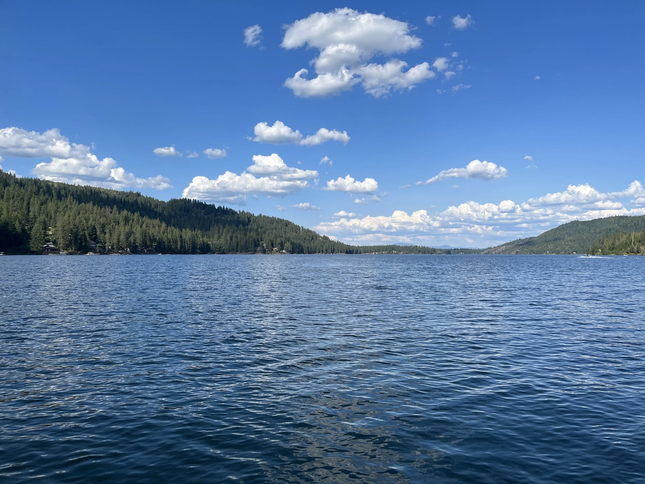 A calm lake surrounded by green forested hills under a bright blue sky with scattered white clouds.