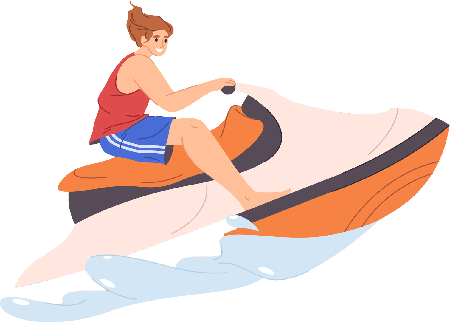 A person riding a jet ski on the water at a beach or lake, wearing a red sleeveless shirt and blue shorts.