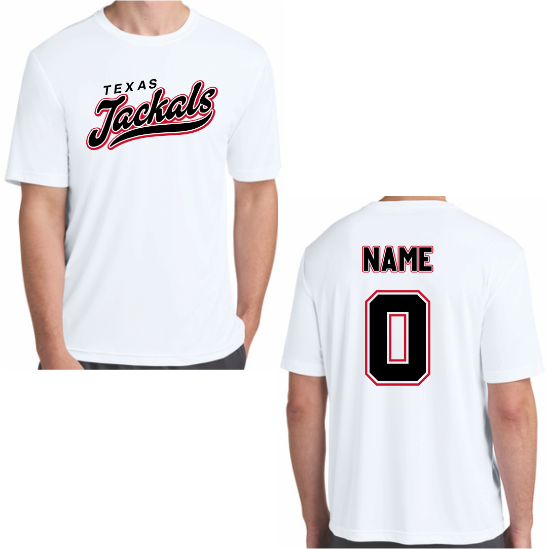 TEXAS JACKALS - DRI-FIT - SHORT SLEEVE T-SHIRT - W/ NAME/NUMBER - WHITE