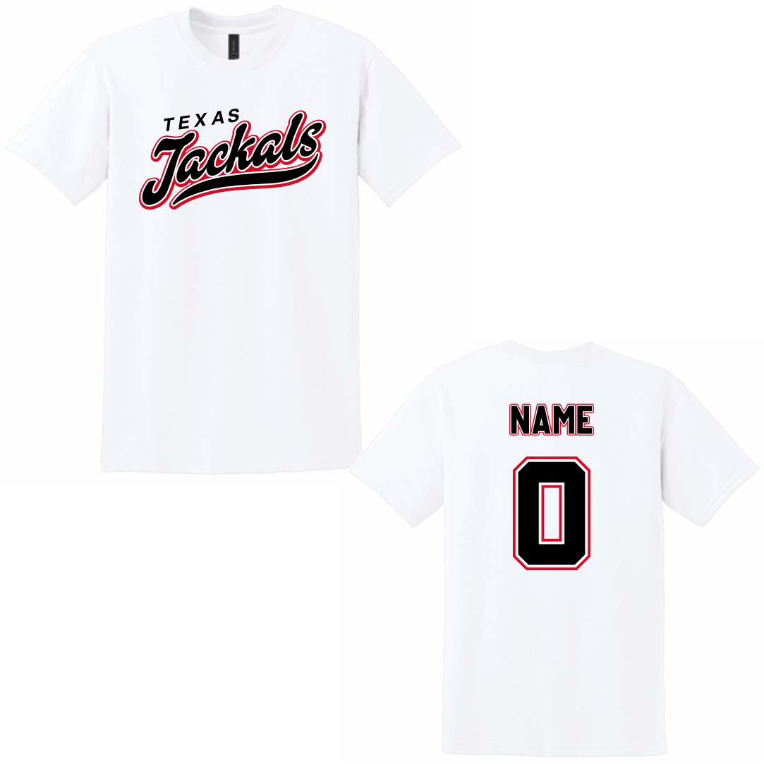 TEXAS JACKALS - COTTON - SHORT SLEEVE T-SHIRT - W/ NAME/NUMBER - WHITE