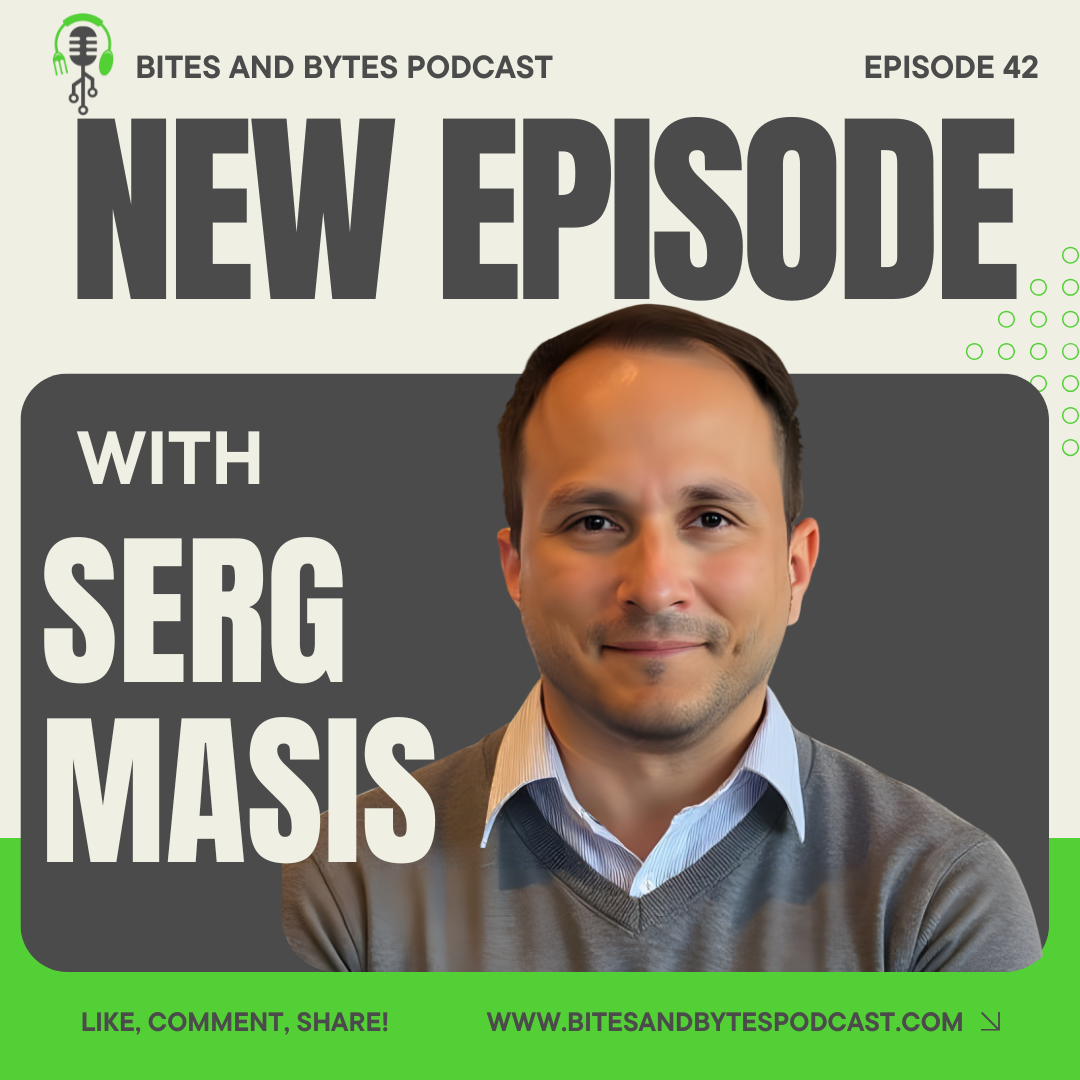 Promotional graphic for the Bites and Bytes Podcast episode 42 with Serg Masis, featuring a headshot of Serg Masis, bold text announcing a new episode with podcast branding.