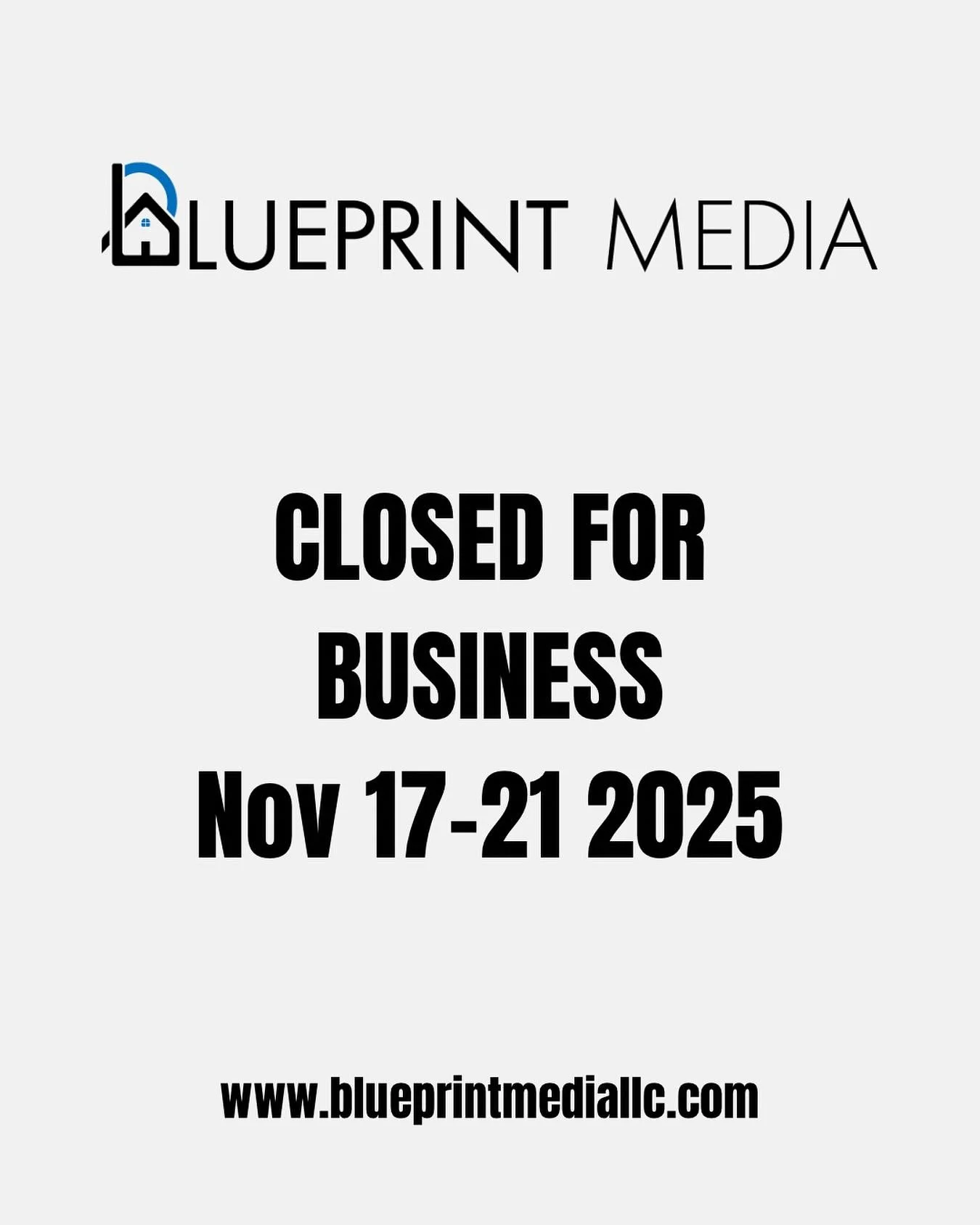 PSA: Upcoming closure

We will be attending our yearly Real Estate Media conference ( @pmreconference )
November 17th-21st and will be closed during that time. We are excited to learn new ways to better serve our clients.