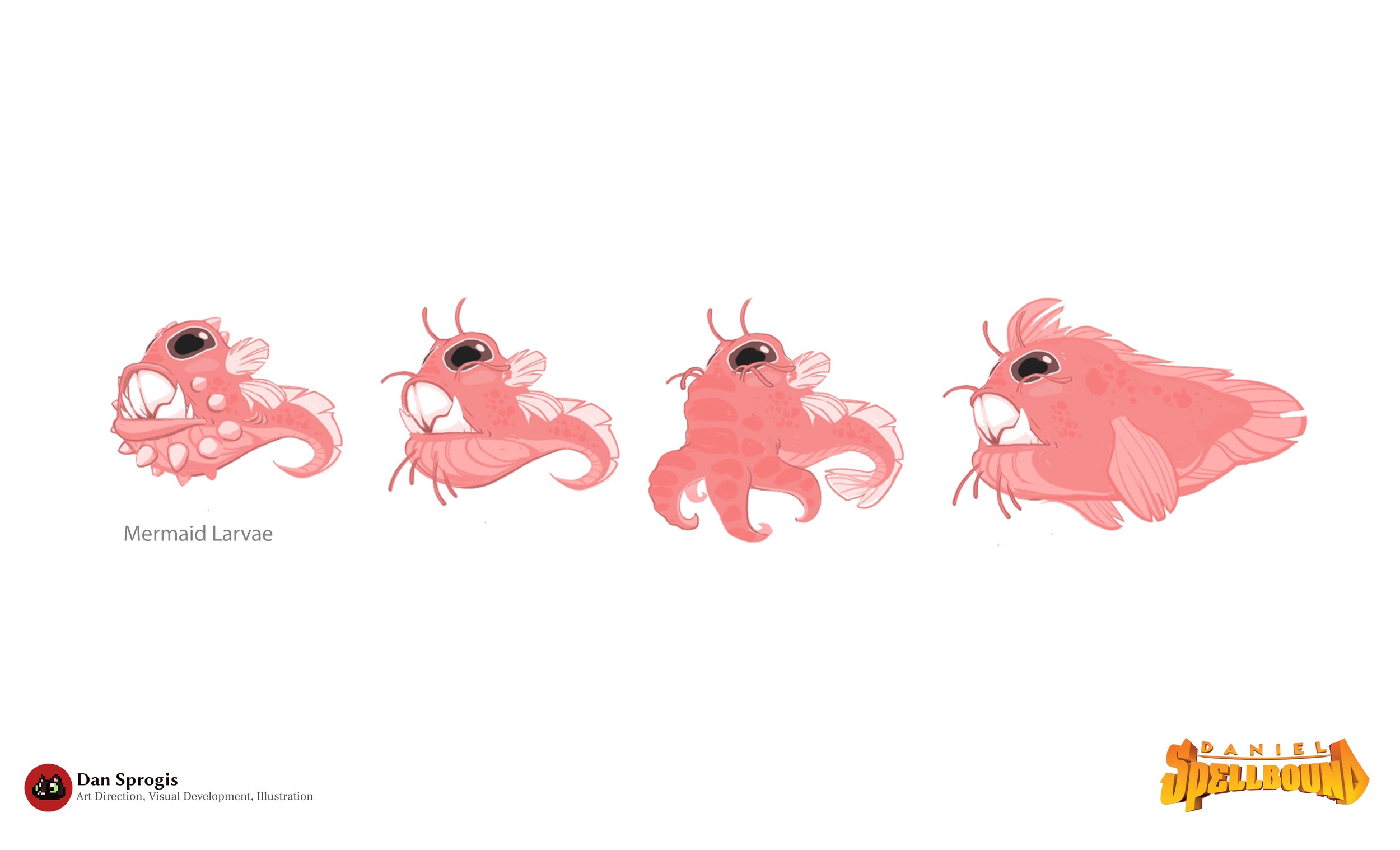 Illustrations of mermaid larvae in various stages of development, pink with fins and antennae, on a white background.