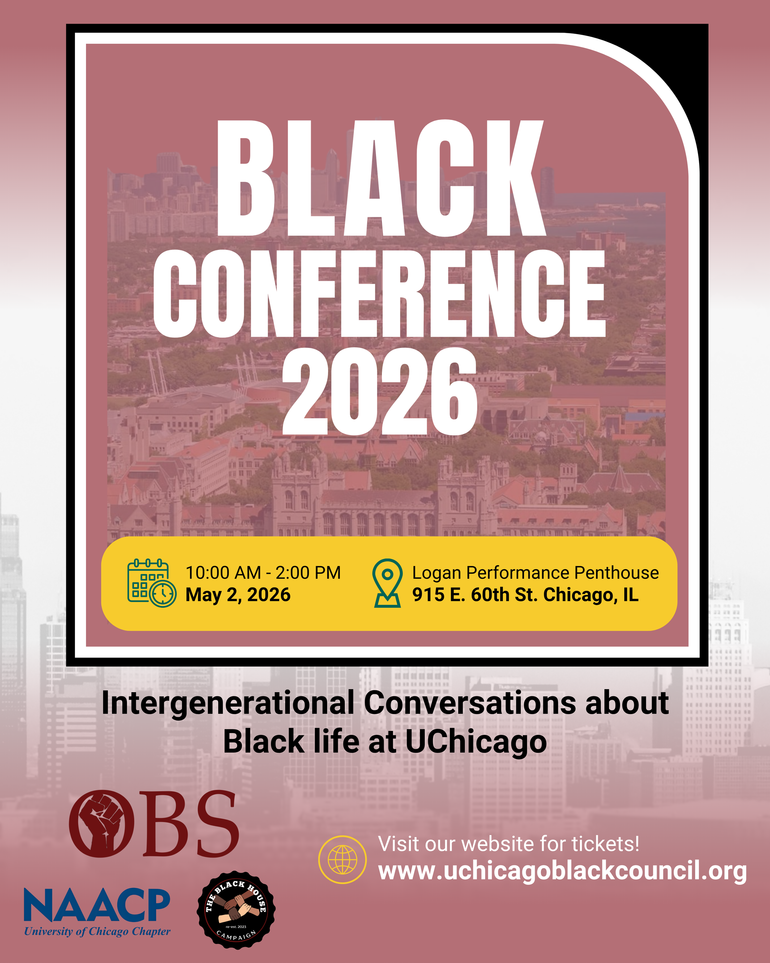 Flyer for the Black Conference 2026 with event details, location at Logan Performance Penthouse, Chicago, Illinois, and organizing logos.