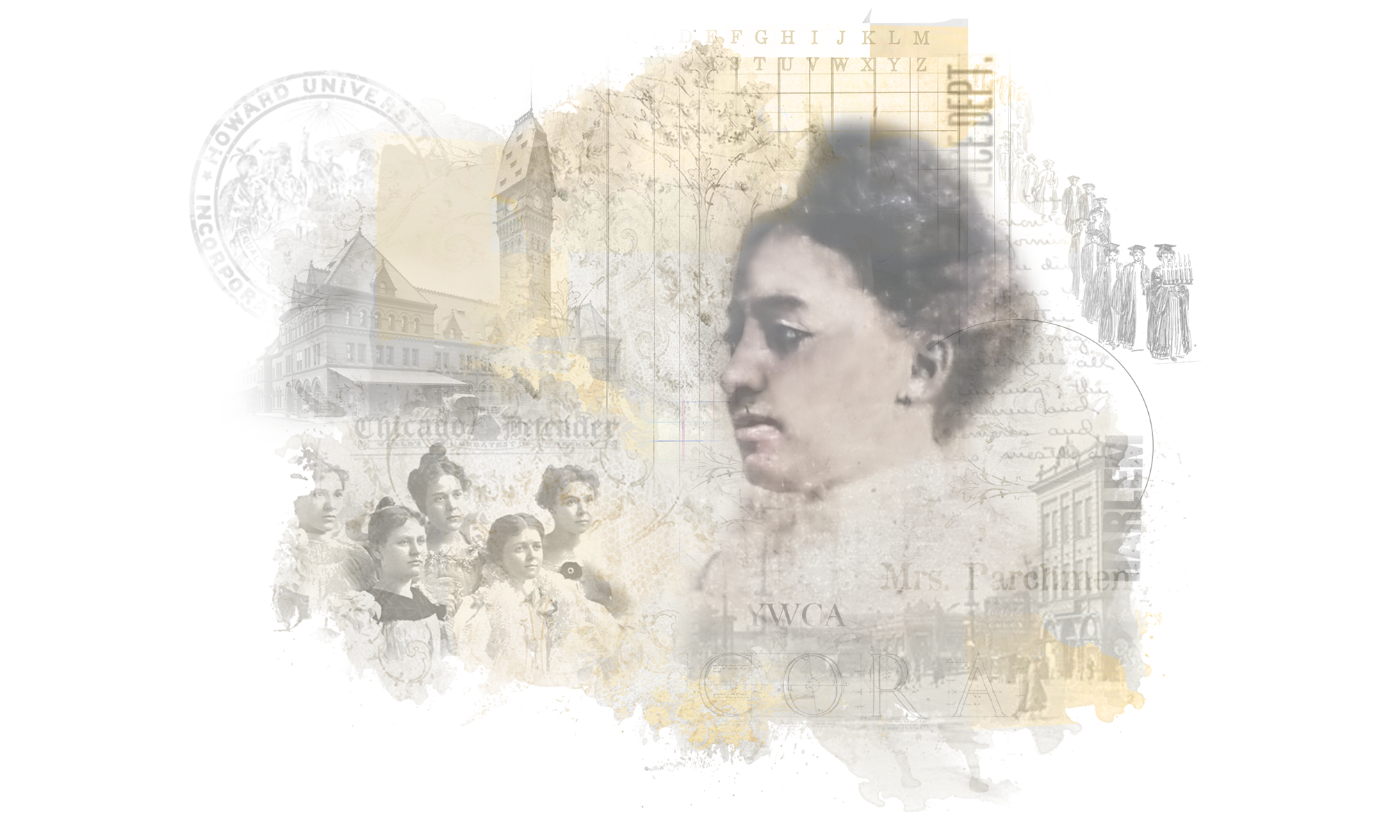 A digital collage featuring a profile of a young woman with dark hair, surrounded by faded historical images and text, including a group of women, an old building, and handwritten notes.