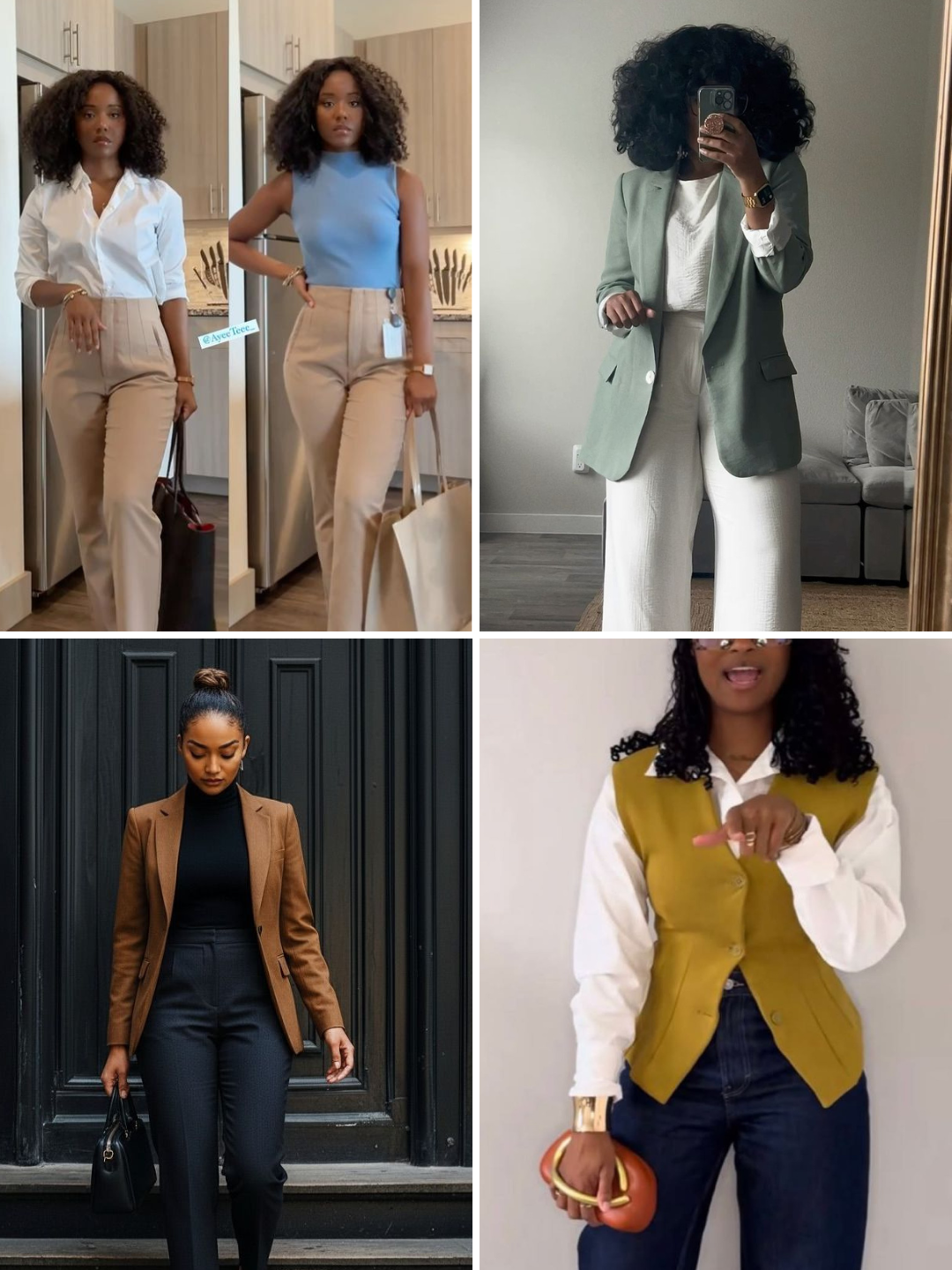 A collage of four women in stylish outfits. The top left features a woman with curly hair wearing a white shirt and beige pants. The top right shows a woman taking a mirror selfie in a light green blazer and white pants. The bottom left has a woman in a brown blazer and black pants standing outdoors. The bottom right displays a woman with curly hair in a mustard vest over a white shirt, holding a small purse.