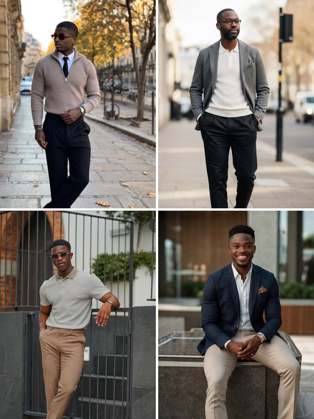 Four men dressed in stylish outfits in outdoor urban settings, with two standing and two seated, all smiling or posing confidently.