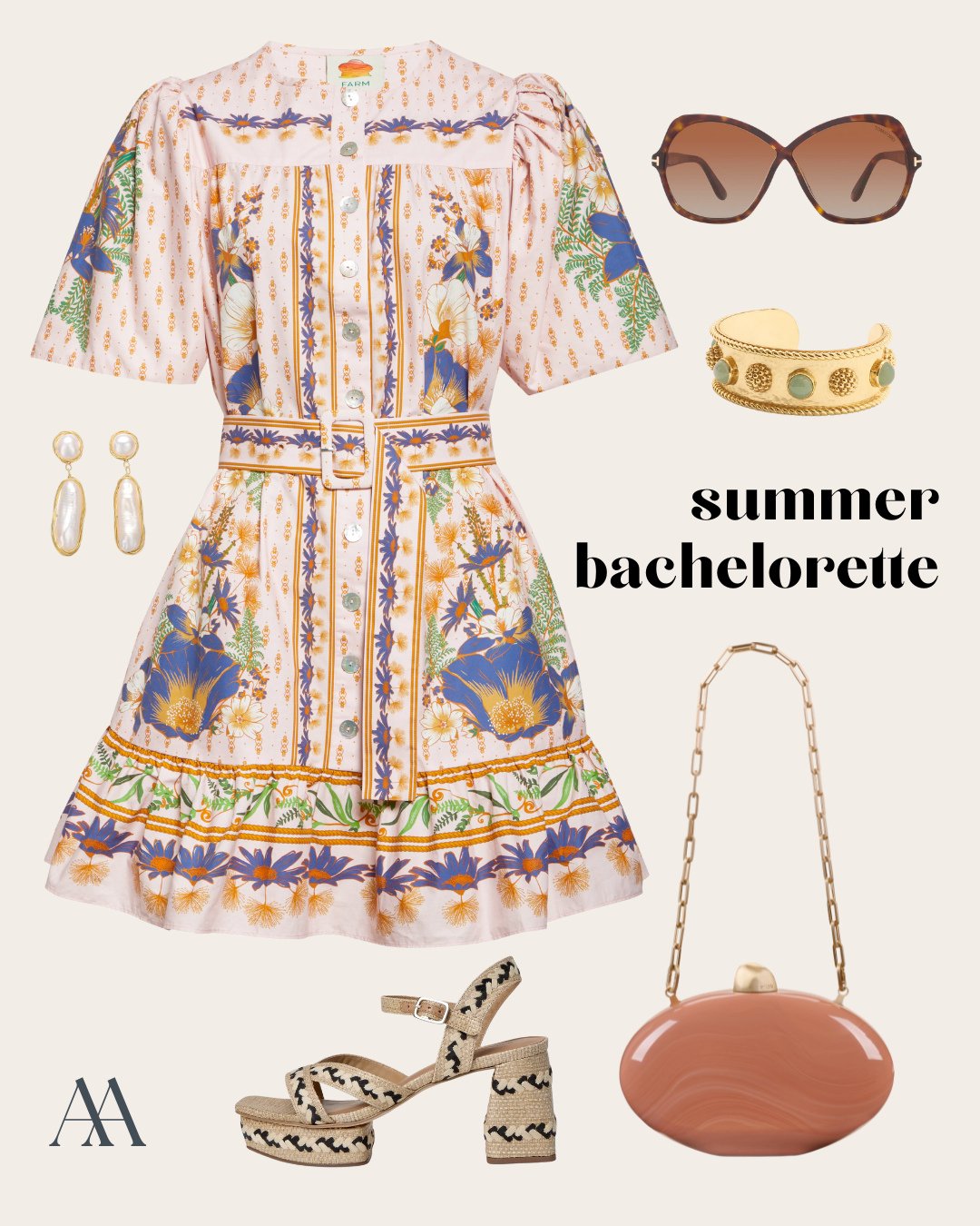 🌴 Looking for the perfect look for a summer Bachelorette party or a Bridal Shower outfit? ⁠
⁠
This breezy floral dress with vibrant prints is giving major garden party vibes! Styled with statement pearl drop earrings, vintage-inspired sunglasses, a 