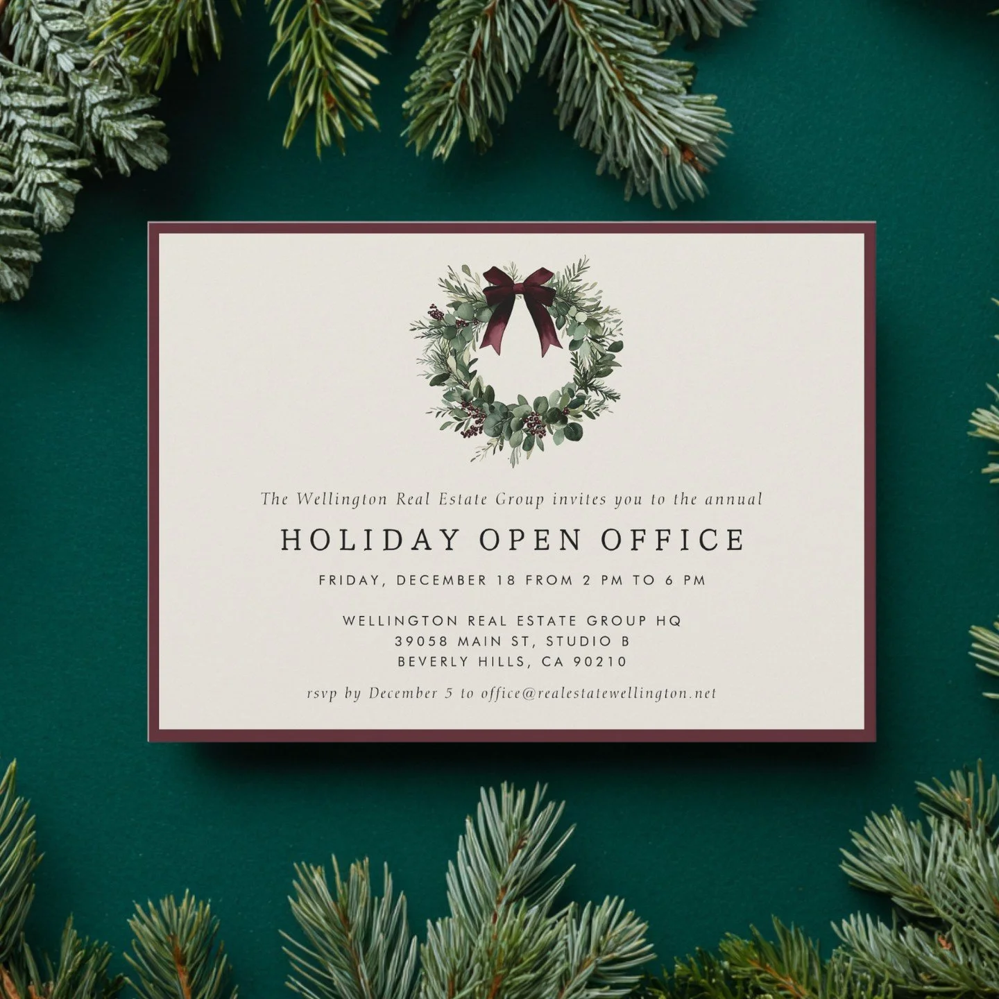 Set the tone for your seasonal celebration with this festive professional business holiday party invitation! ⁠
⁠
Featuring a beautifully designed festive wreath adorned with a ribbon, this invitation is perfect for holiday gatherings, Christmas parti