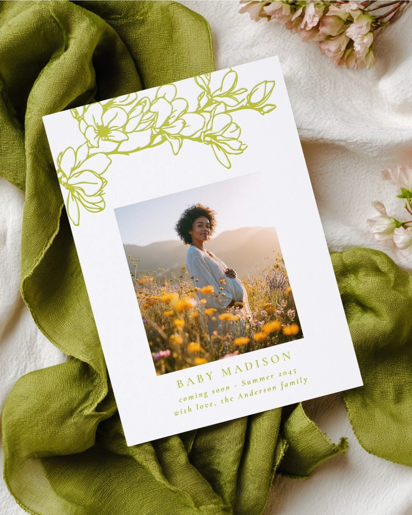 Big news deserves beautiful stationery 🌸⁠
⁠
Our letterpress magnolia pregnancy announcement is fully customizable with your photo and wording - perfect for spring or summer baby reveals.⁠
⁠
Available in multiple letterpress colors, so you can choose