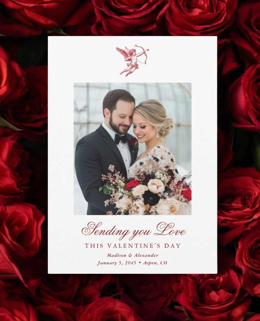 Love is in the air - and the details 💘⁠
⁠
Fresh up in my store, this Valentine's Day greeting card doubles as wedding announcement for newlyweds and features a romantic, old-world cupid illustration paired with your favorite wedding photo and custom