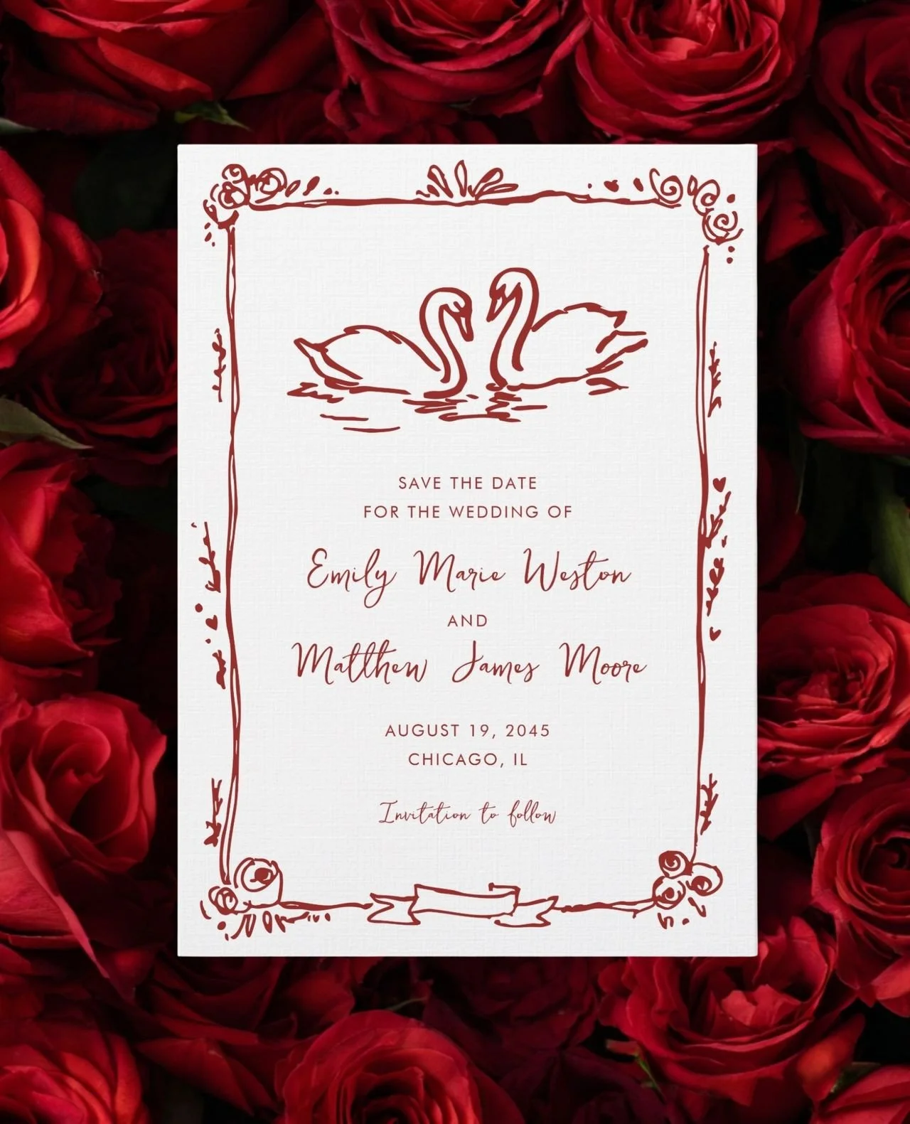 Announce your wedding day with playful romance and send out a matching save the date card to reflect your style. This invitation design features charming doodle-style swans designed as love birds and a whimsical inked frame.