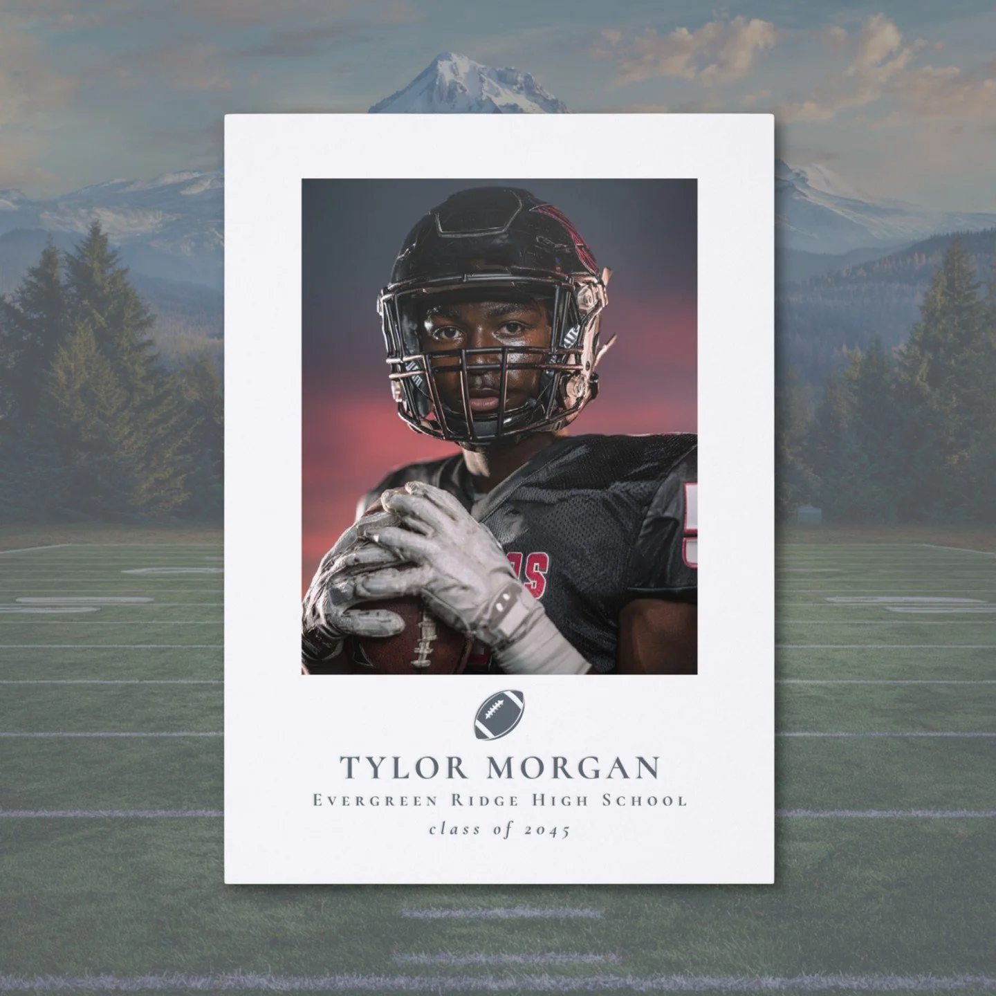 🏈 Elegant letterpress graduation announcement for the football athlete in your family - available in different colors and customizable with your photo and text of choice.