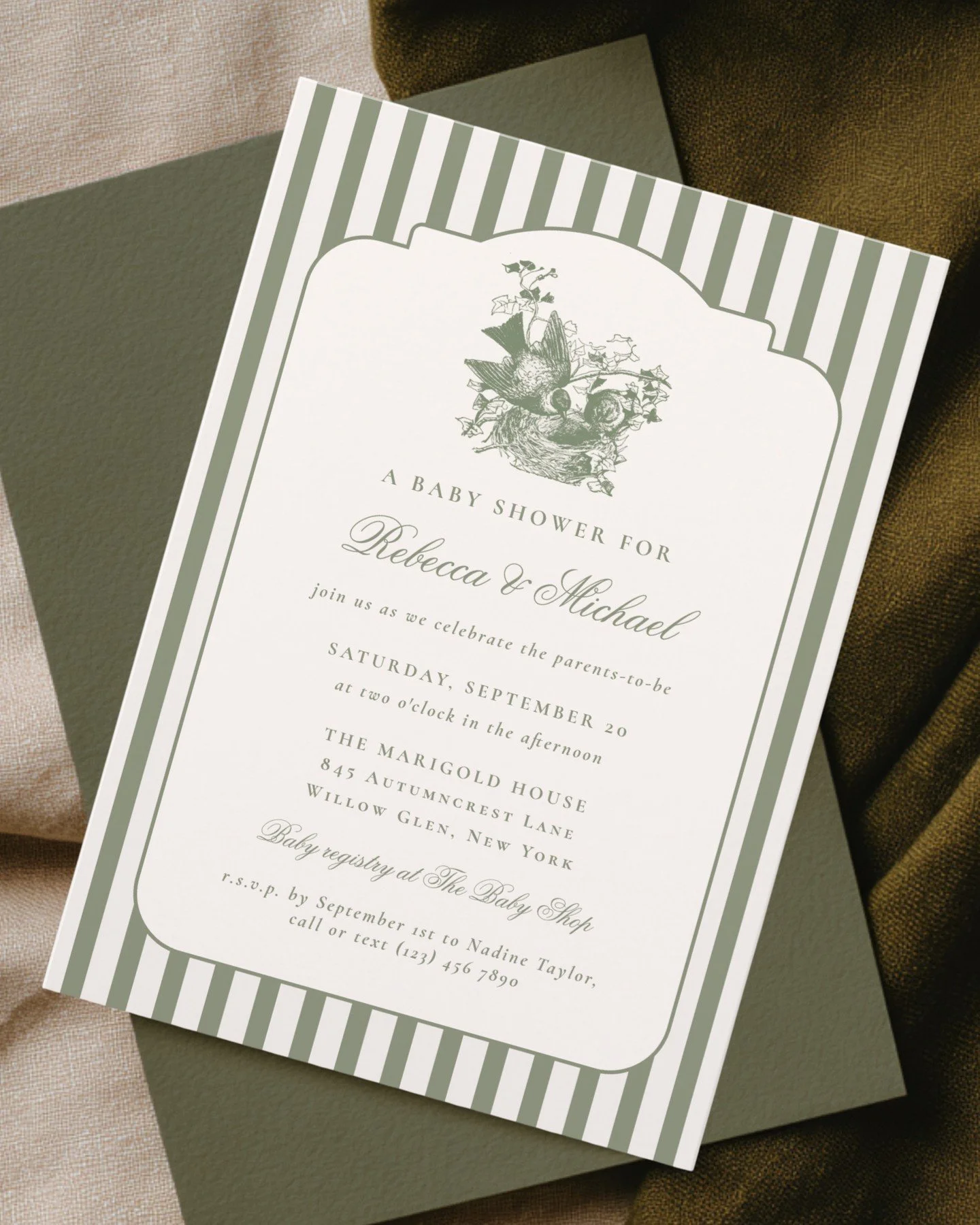 Another baby shower invitation is up in my Zazzle shop - for this one I digitally refurbished a bird's nest illustration from an old book.⁠
⁠
Paired with elegant type and a muted sage green color palette it is the ideal choice for a preppy springtime