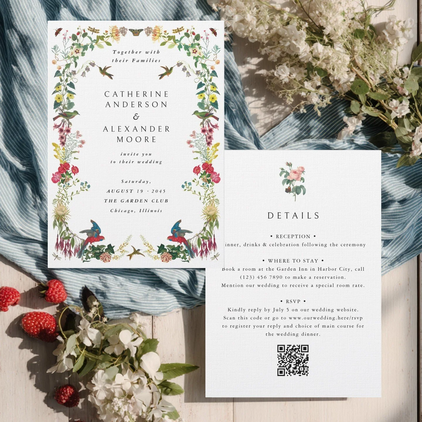 You don't have to sacrifice elegance or style when opting for a wedding invitation that does it all. Ditch the rsvp and enclosure cards and include essential information and a link to your wedding website on the back. Makes it super easy for your gue