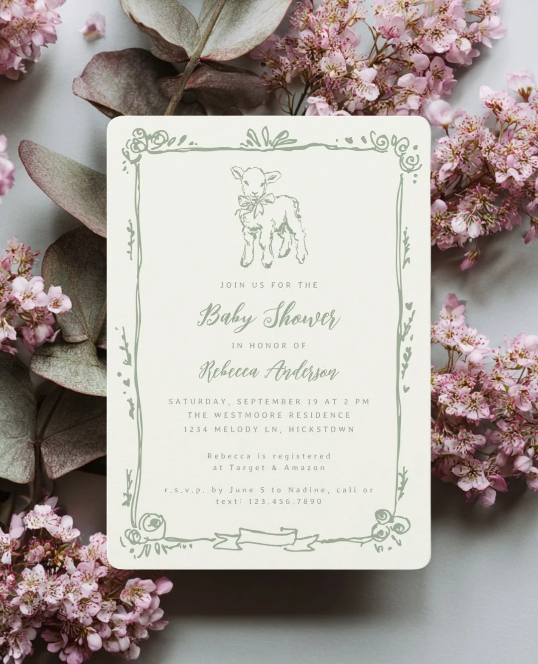 A cute spring lamb sets the tone for a baby shower celebration on this invitation template - available in sage green, light pink or light blue 🌸