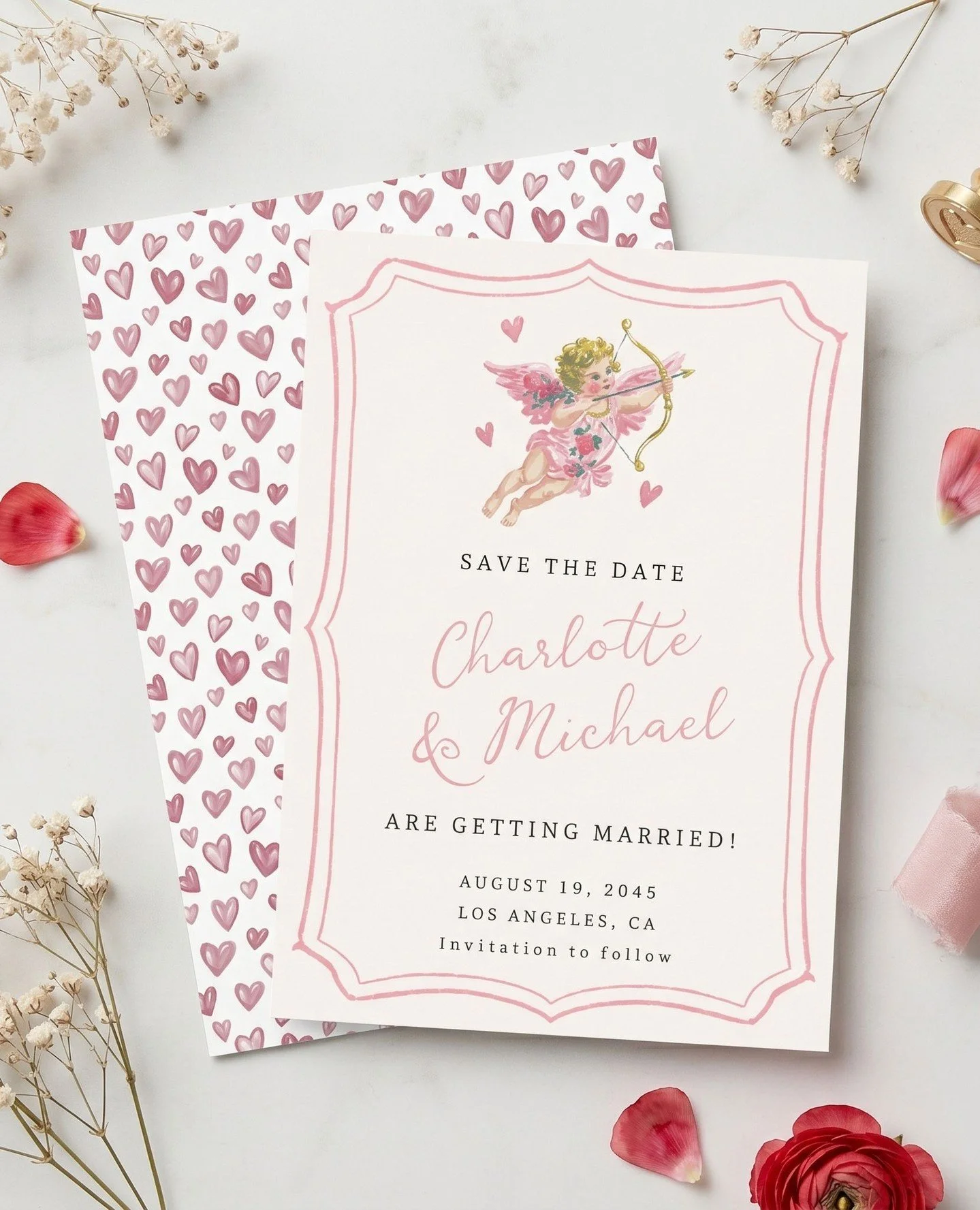 Love is in the air 💘⁠
⁠
This whimsical save the date template has a cute cupid on the front and a matching hearts pattern on the back. Fully customizable wedding stationery template, now available in my @zazzle store 💗⁠
⁠
⁠
#savethedate #celebratel