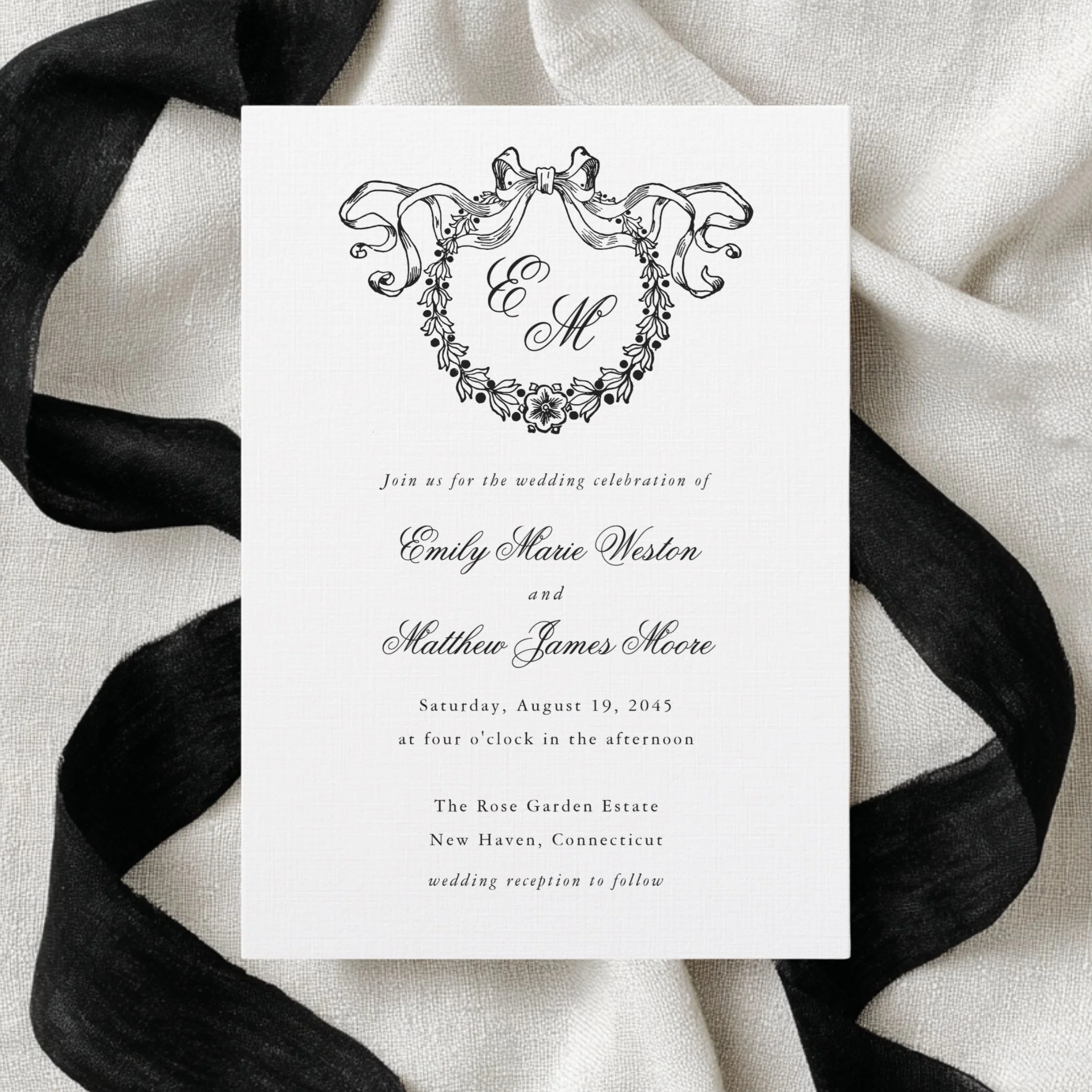 Vintage Wreath Calligraphy Monogram Wedding Invitation