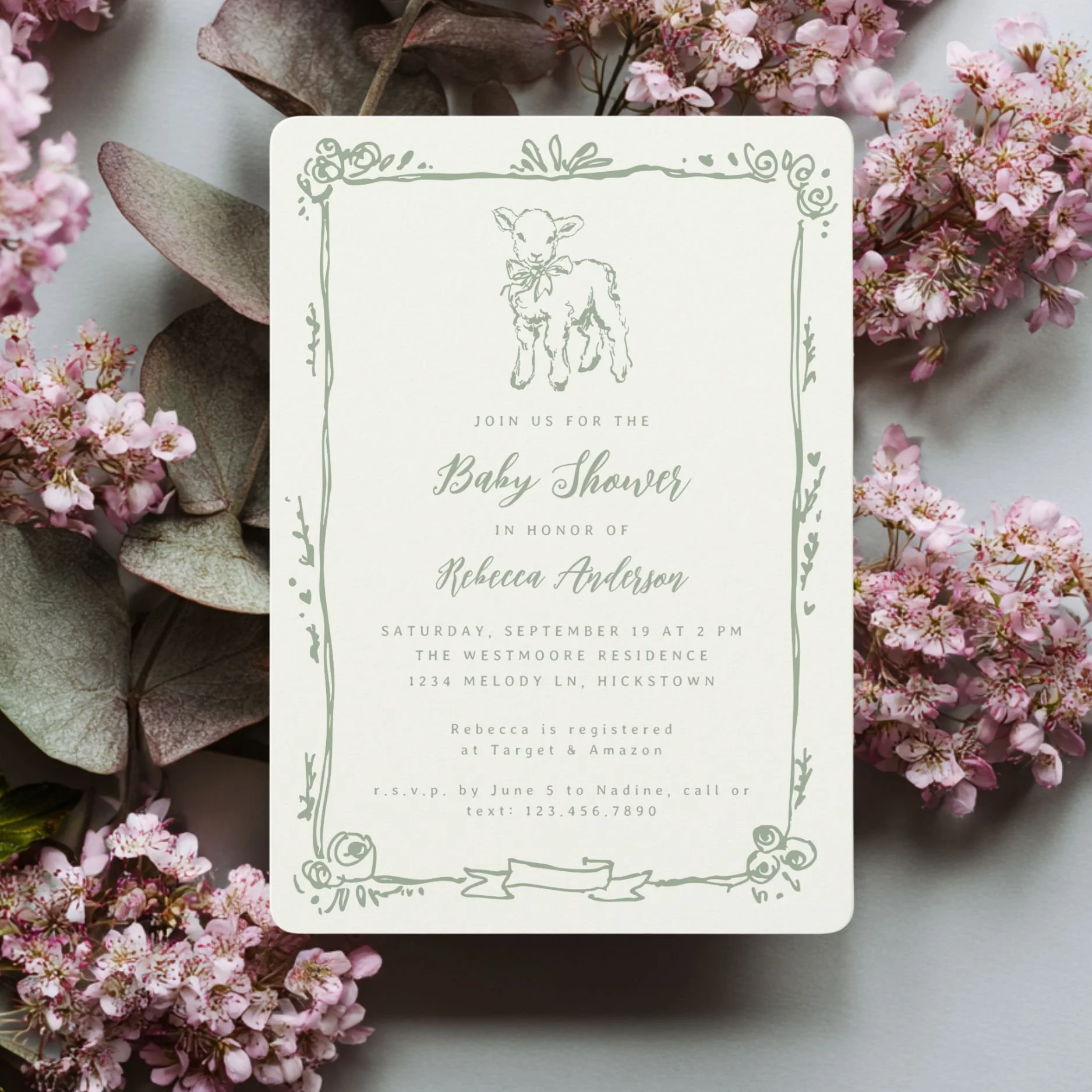 spring lamb sage green baby shower invitation.jpg