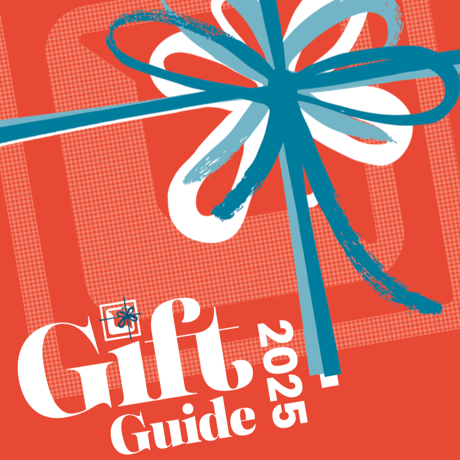 Several metallic teal gift bows scattered on a peach background with white overlaid text that reads 'The Gift Guide'.