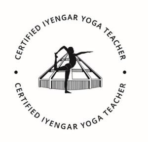 Logo of a certified Iyengar yoga teacher with a silhouette of a person in yoga pose inside a circular text that reads 'Certified Iyengar Yoga Teacher'.