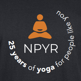 Graphic celebrating 25 years of yoga for people featuring an orange yoga figure and white circular text on a dark background.