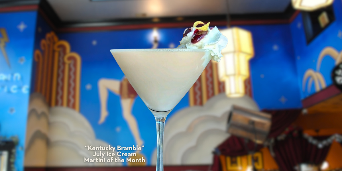 Picture of the Kentucky Bramble Ice Cream Martini of the Month sitting on table in The Fountain on Locust Dining Room
