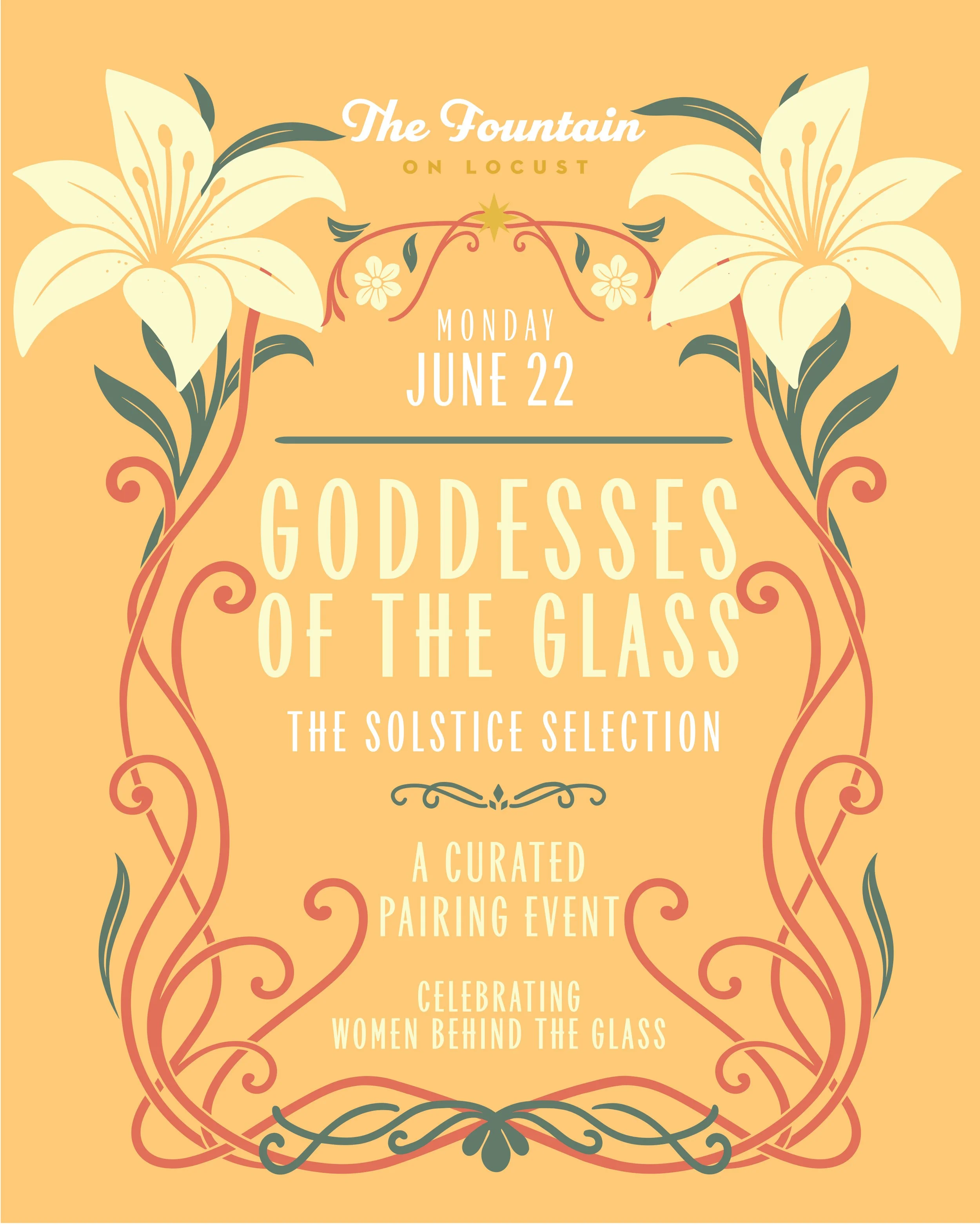 Poster for Goddesses of the Glass Wine Pairing Event on Monday March 22