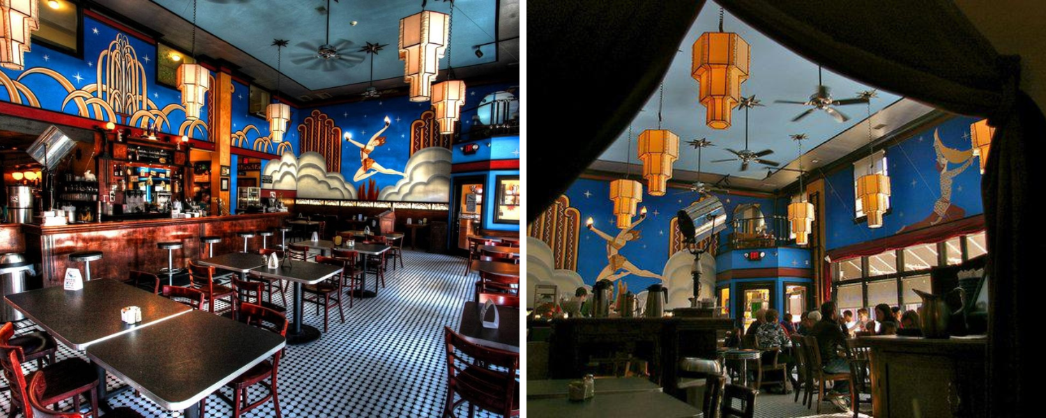 Side by side images of the Fountain on Locust dining room with handpainted muarls and handmade chandeliers next to a picture peeking out from the curtained booth