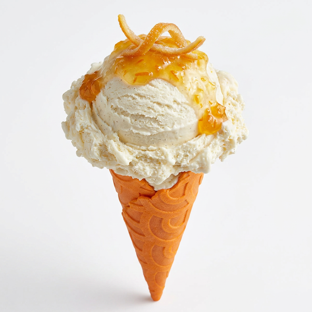 vanilla ice cream on an orange cone topped with orange marmalade and a candied orange peel