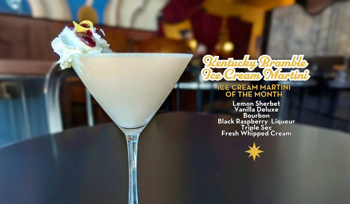 Picture of the Kentucky Bramble Ice Cream Martini of the Month sitting on table in The Fountain on Locust Dining Room