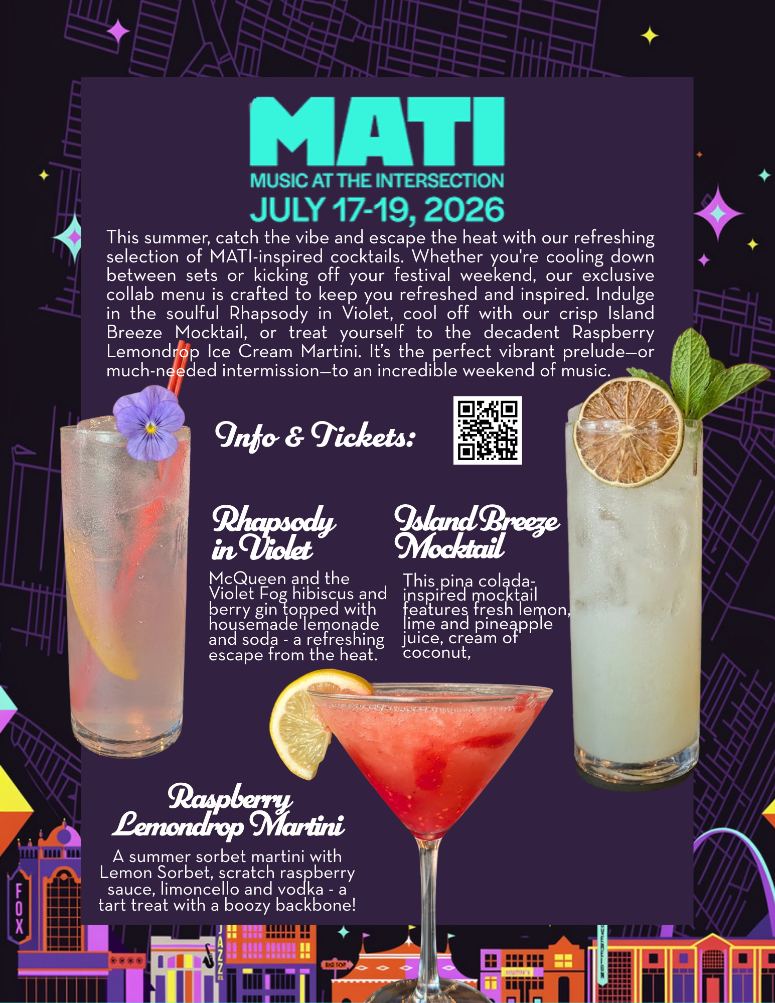 Fountain on Locust menu for MATI collaboration including 2 cocktails and one mocktail