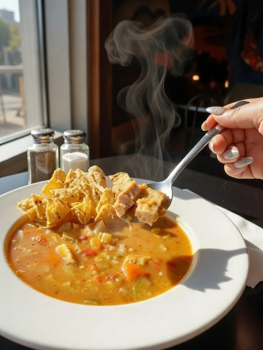 A steaming bowl of Chicken Tortilla Soup sitting on a table, someone is dipping in a spoon to take a bite.