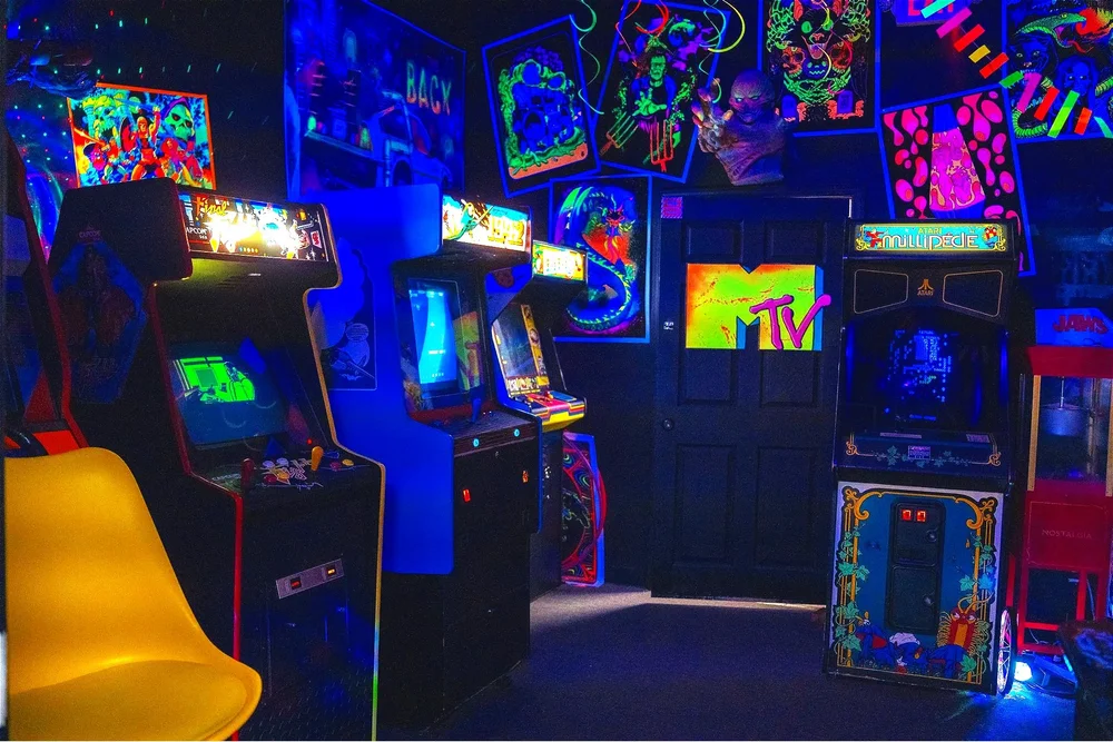 Retro 1980s blacklight arcade at Stranger Tours Jackson Georgia