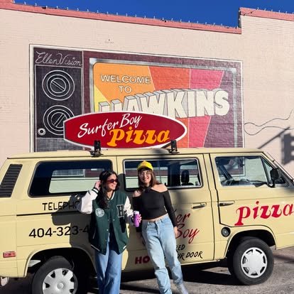 Surfer Boy Pizza Van outside of Hawkins Headquarters 