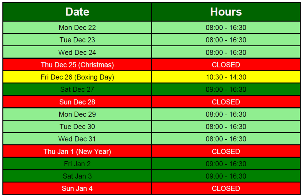 Holiday Period 2025 Amended Hours