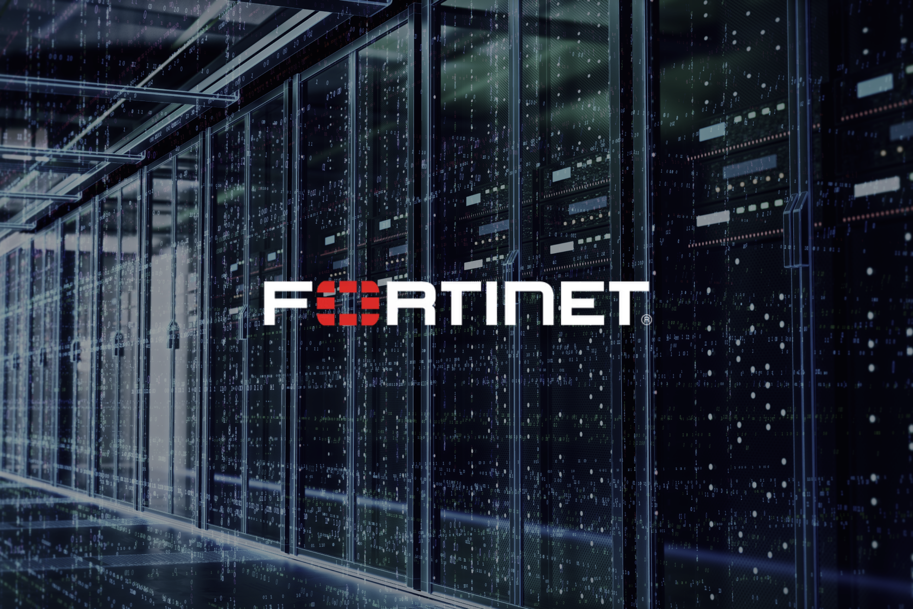 Data center with servers and digital overlay, featuring the Fortinet logo.
