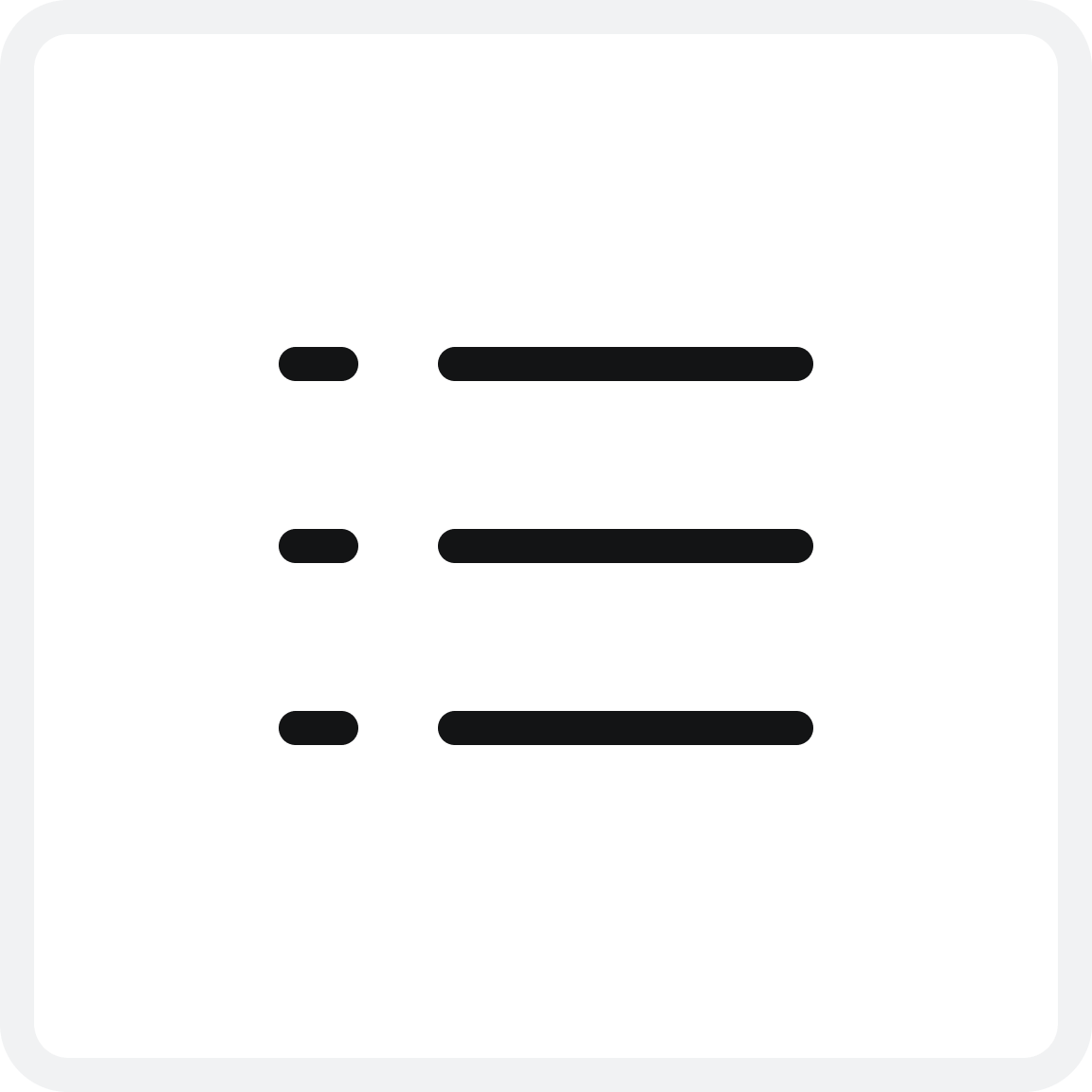 Black square icon representing a document or a list, with three horizontal lines and small dots on the left, suggesting a menu or list format.