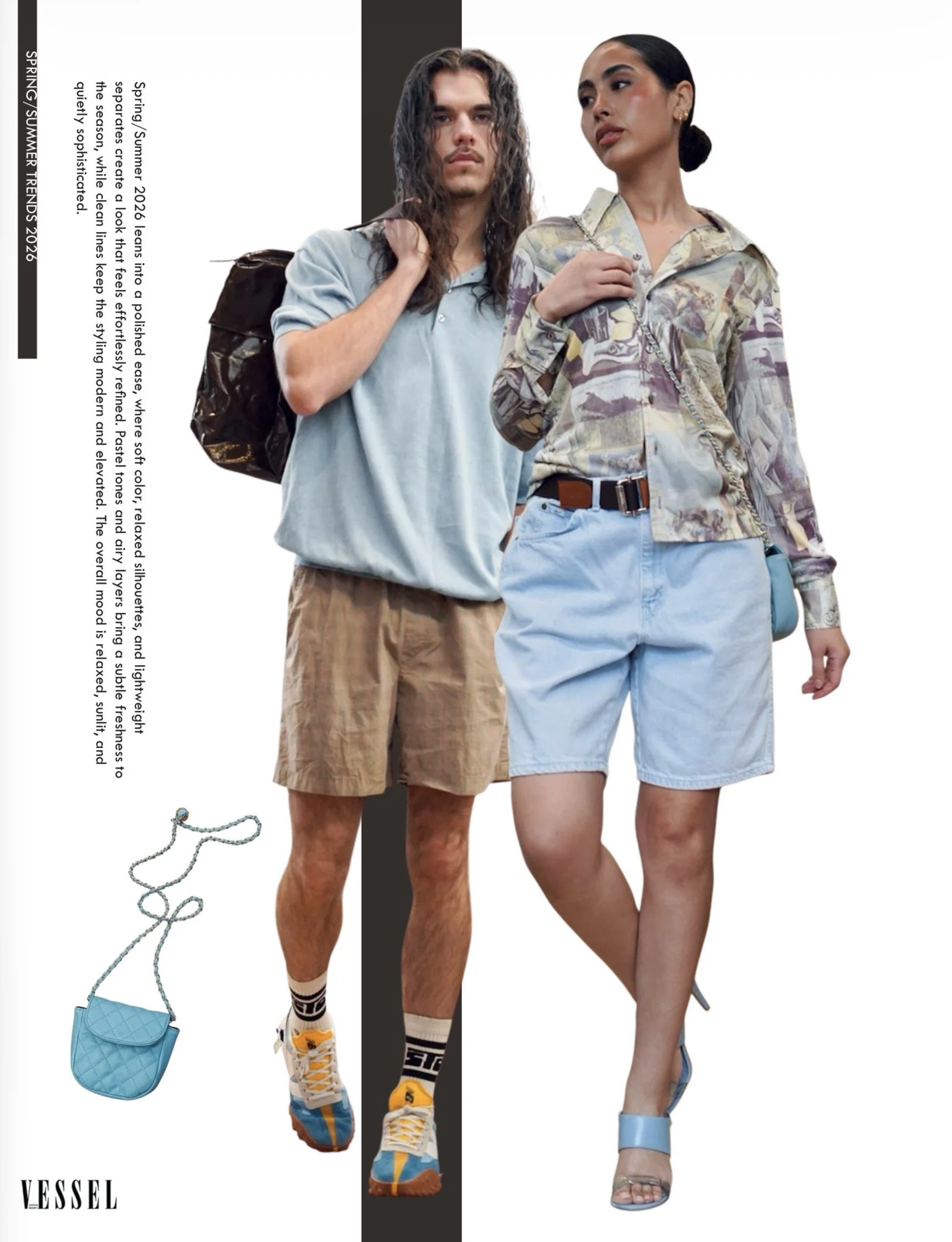 A fashion editorial featuring a man and a woman dressed in colorful, casual summer clothing. The man wears a light blue polo shirt, tan shorts, and multicolored sneakers, while the woman wears a patterned long-sleeve shirt, high-waisted light denim shorts, and blue heels. Accessories include a blue quilted purse, a necklace, and earrings. They stand against a white background with a vertical black stripe and a section of text on the left side.