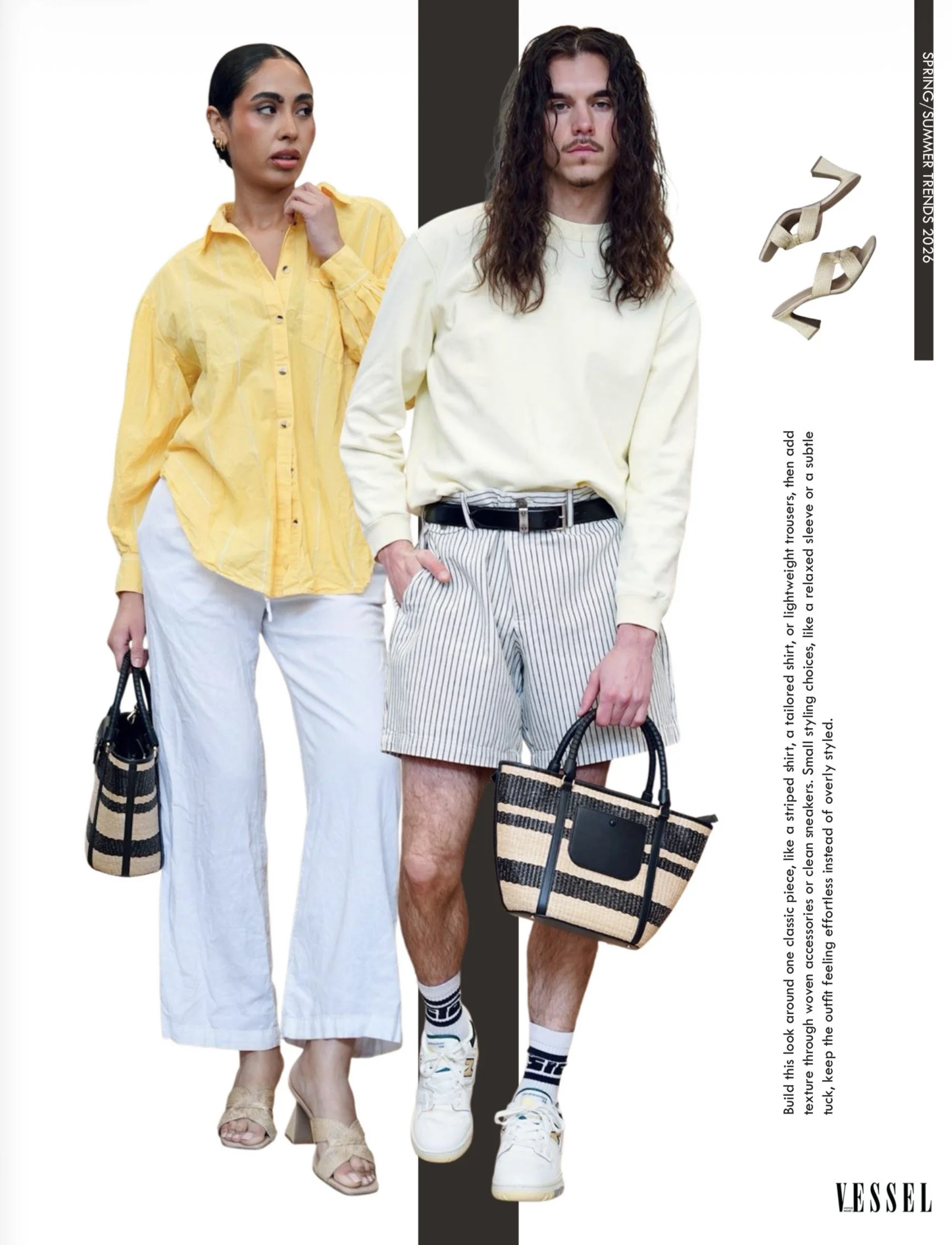 A woman in a yellow oversized shirt and white wide-leg pants holding a large woven tote bag with black accents, and a man in a light yellow long-sleeve shirt, striped shorts, and white sneakers holding a similar woven tote bag, standing against a white and black background with fashion text on the side.