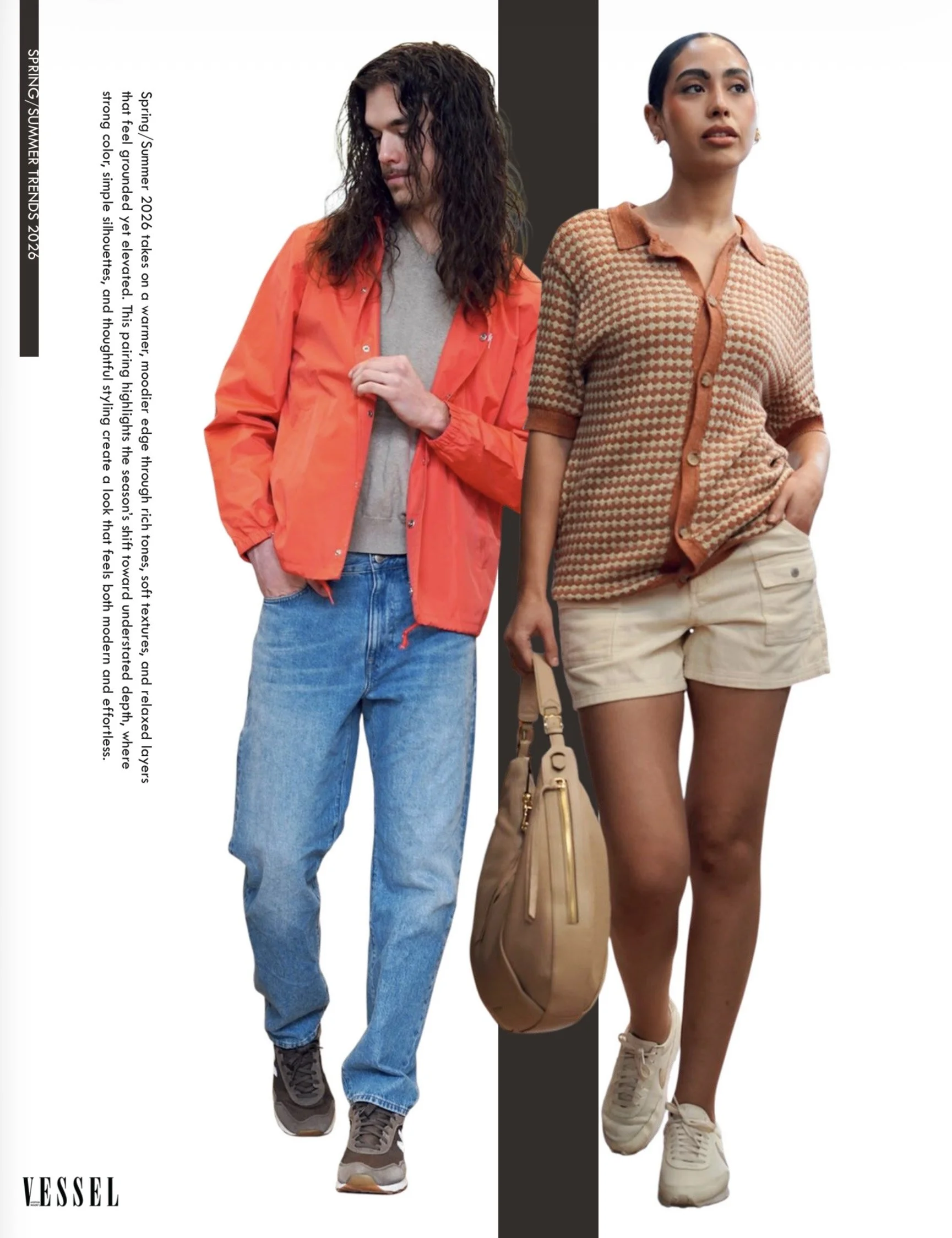 Fashion models showcase spring and summer 2026 trends, with a man in a red jacket and blue jeans and a woman in a patterned shirt and beige shorts.