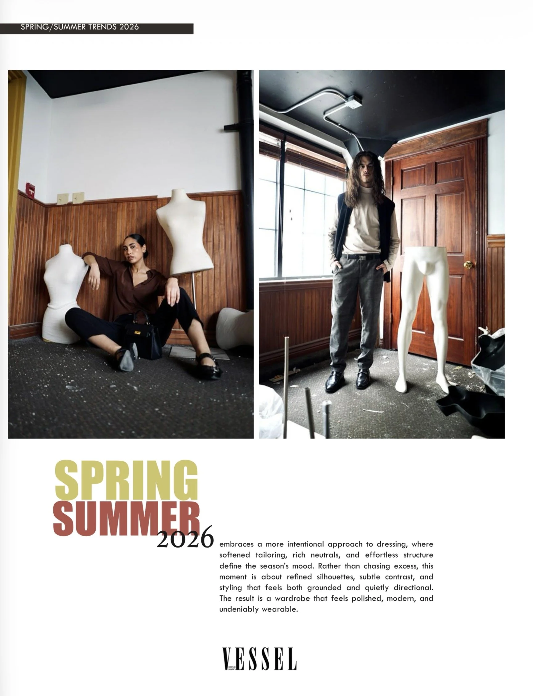A fashion magazine page featuring two models in a room with wooden paneling, with mannequins and fashion displayed, showcasing Spring/Summer 2026 trends.