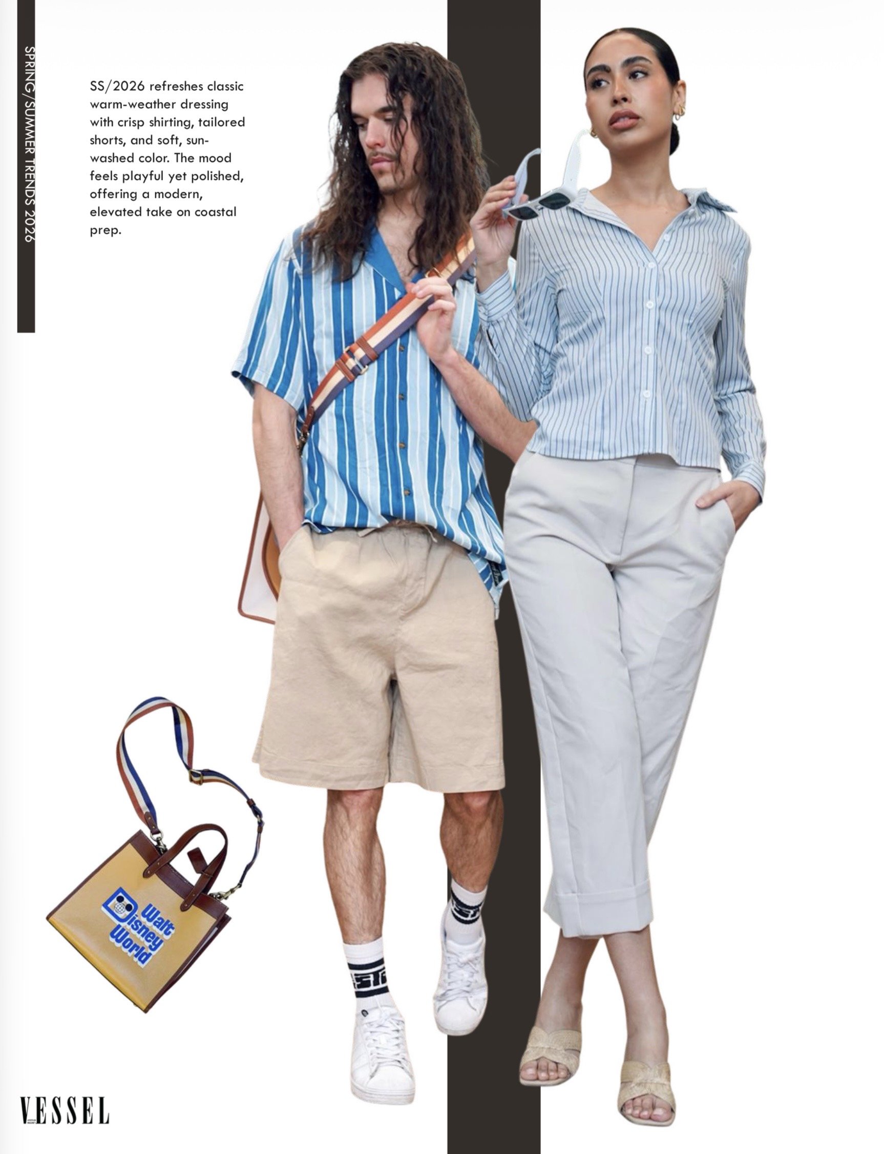 Two models, a man with long curly hair and a woman with dark hair slicked back, are dressed in casual summer outfits. The man is wearing a blue and white striped shirt, beige shorts, and white sneakers with socks. The woman is wearing a light blue striped blouse, white pants, and beige open-toed heels. They are standing against a background split into black and white sections, and there is a Walt Disney World shopping bag and strap in the foreground.