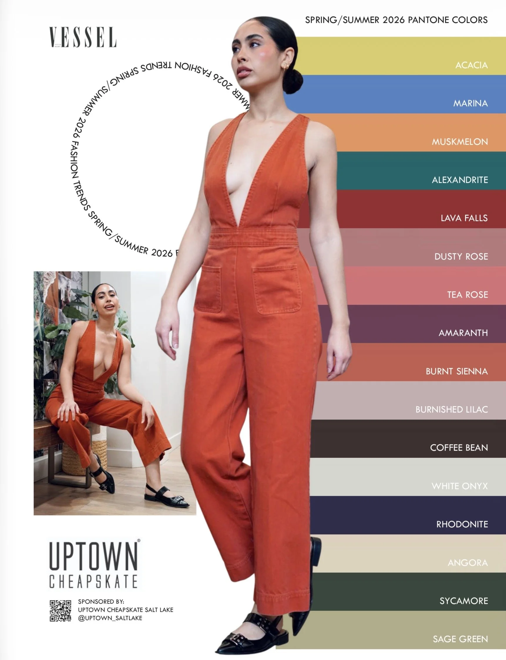 Fashion color palette for Spring/Summer 2026 featuring colors Acacia, Marina, Muskmelon, Alexandrite, Lava Falls, Dusty Rose, Tea Rose, Amaranth, Burnt Sienna, Burnished Lilac, Coffee Bean, White Onyx, Rhodonite, Angora, and Sage Green, with a woman modeling an orange outfit in front of it.