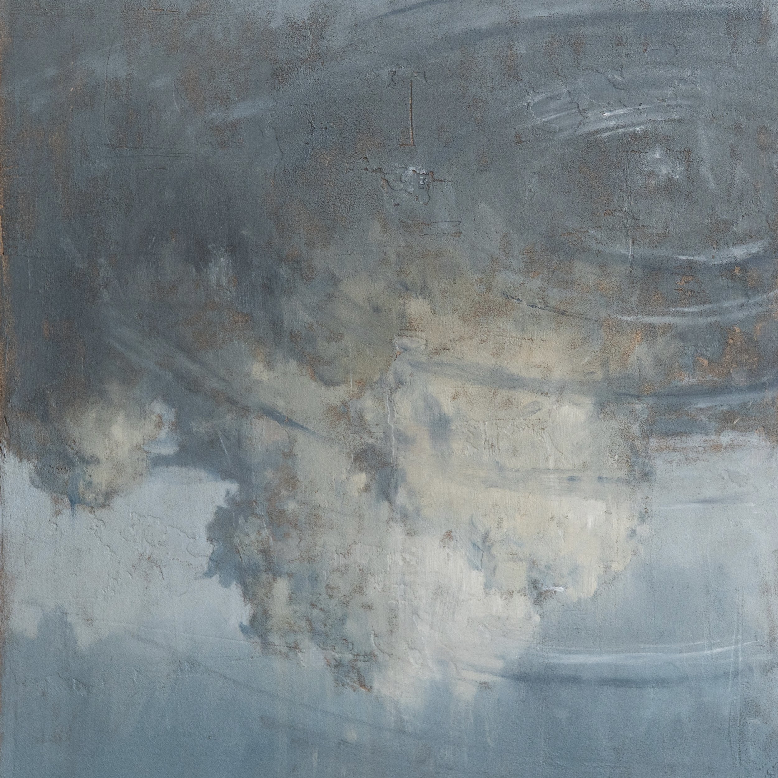 Close-up of a textured wall with peeling paint and visible cracks in shades of gray, blue, and beige.