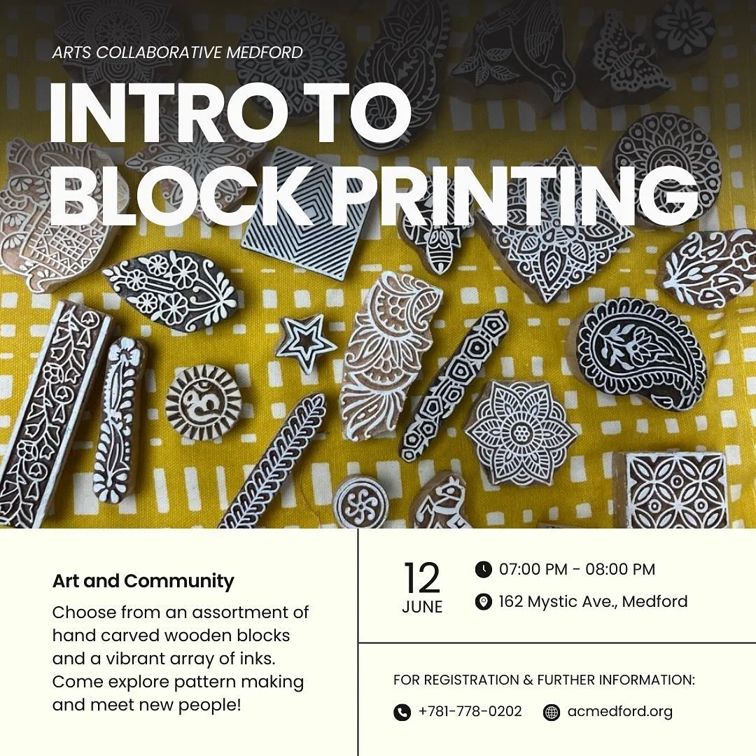 Happening soon! Intro to Block printing on June 12th with ACM Studio Artist Christine Willis. Come explore pattern making and meet new people! Link is in bio and on our website. 

https://artscollabmedford.org/workshops/intro-to-block-printing