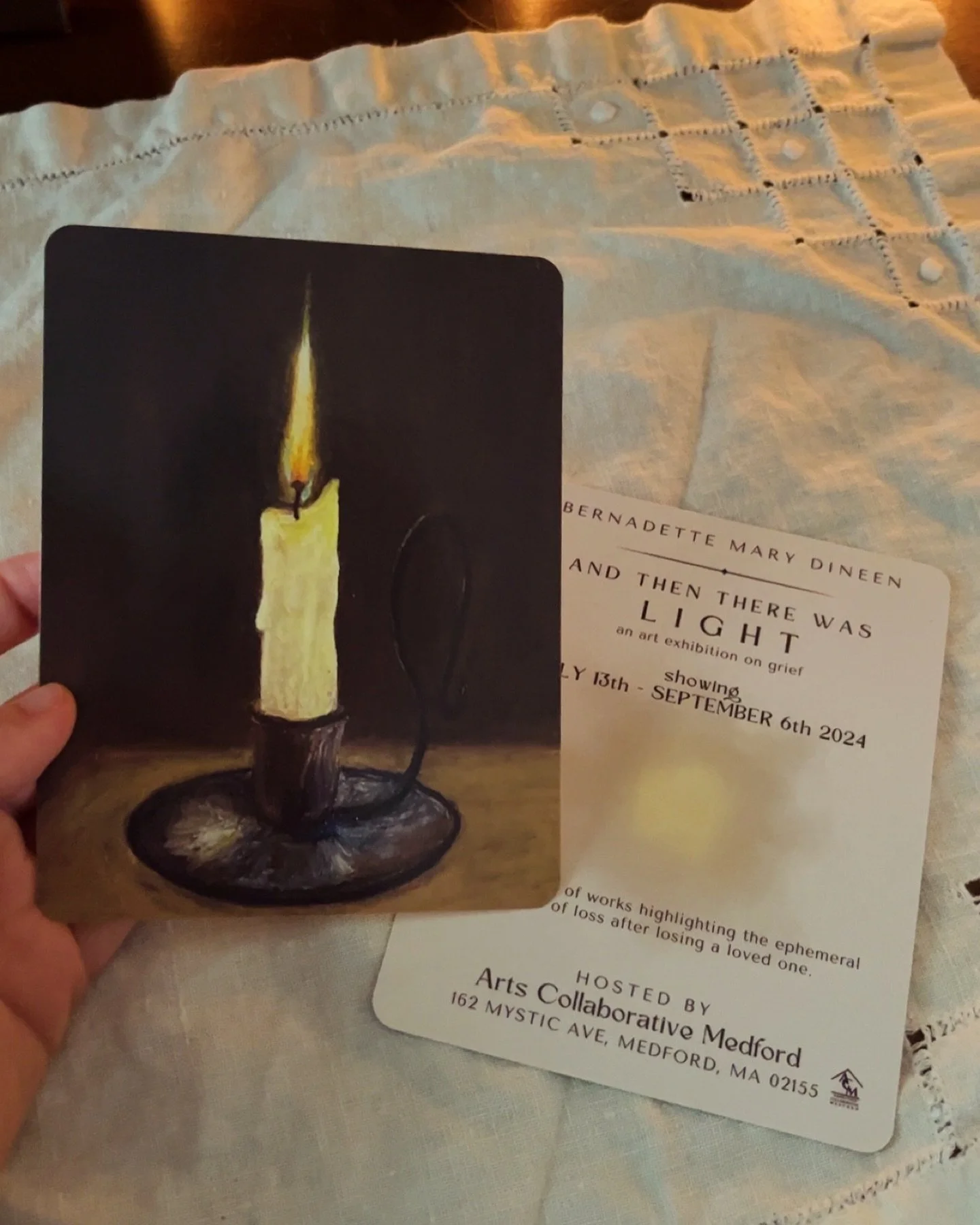 Join us tomorrow 5:00-7:00PM for Bernadette&rsquo;s exhibition highlighting the ephemeral sicence of loss after losing a loved one 🕯️🖼️