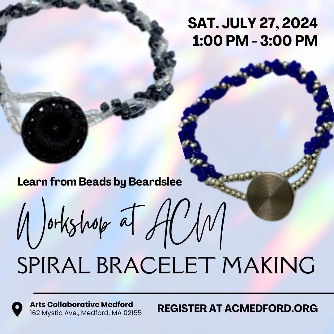 Join us this Friday to learn how to create with the spiral rope stitch, and make your own bracelet using glass seed beads and a button. Walk away with a uniquely made bracelet for you or someone you love! 💝

#artworkshop #thingstodoboston #medford #