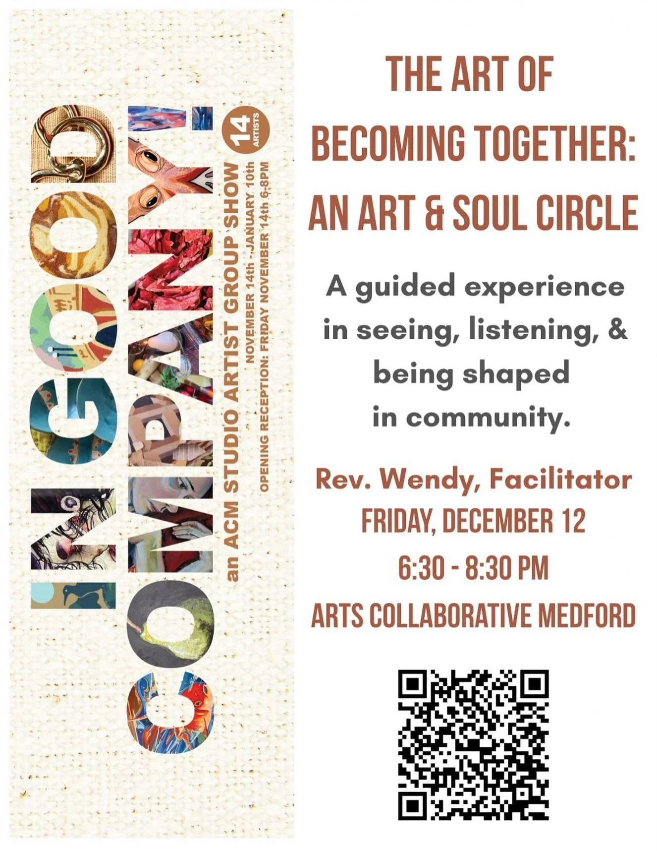 Our popular Art &amp; Soul Circle is back this Friday, December 12, from 6:30&ndash;8:30 pm. It&rsquo;s the &ldquo;In Good Company&rdquo; edition!

What if the real masterpiece is not the art on the walls &mdash; but the way we shape one another?

Th